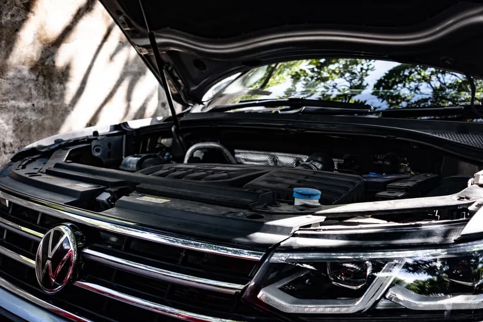 Volkswagen grille and engine bay beneath an open bonnet, with sunlight and tree reflections